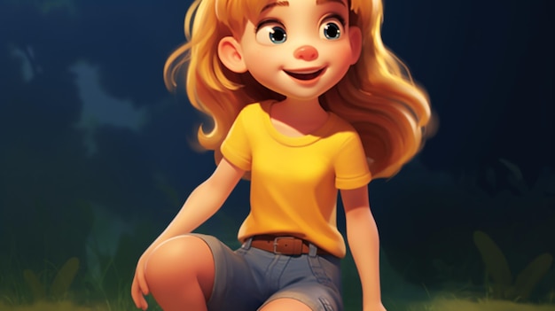 Photo cartoon girl sitting on a rock in the grass with a yellow shirt generative ai