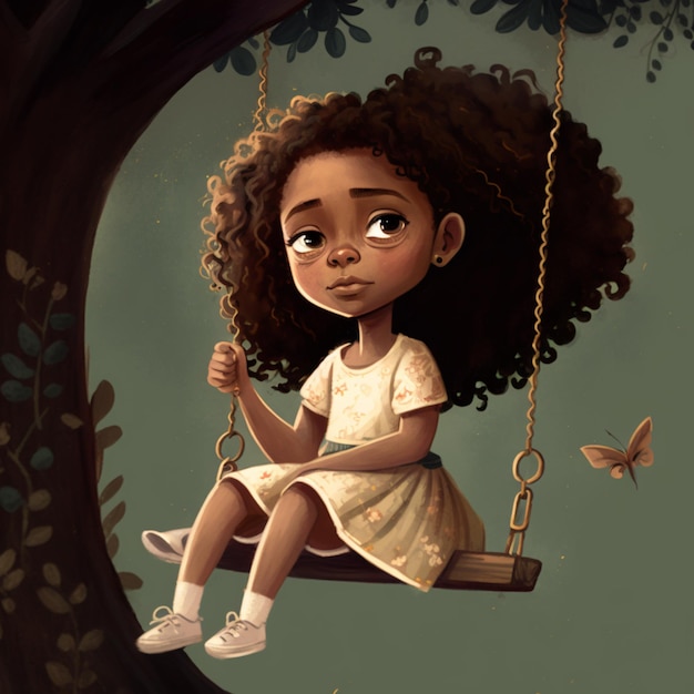 Cartoon girl sitting on a swing with a butterfly in her hand generative ai