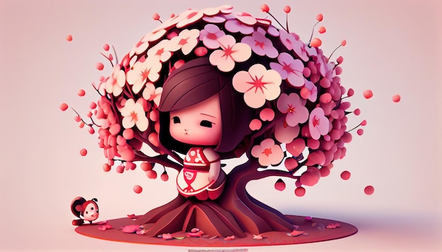 Photo a cartoon of a girl sitting in a tree with a cherry blossom on the bottom.