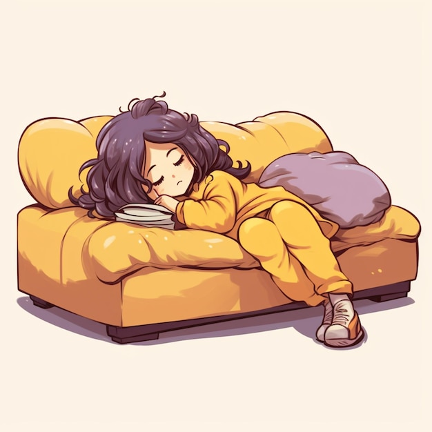 Photo cartoon girl sleeping on a couch with a book generative ai