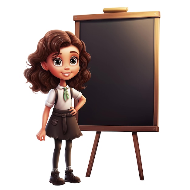 Cartoon girl standing in front of blackboard