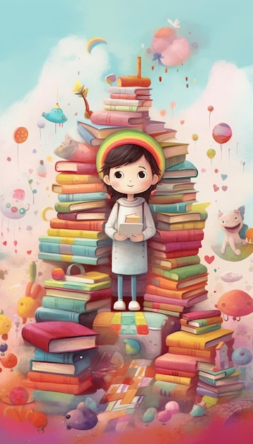 Cartoon girl standing in front of a pile of books with a rainbow hat generative ai