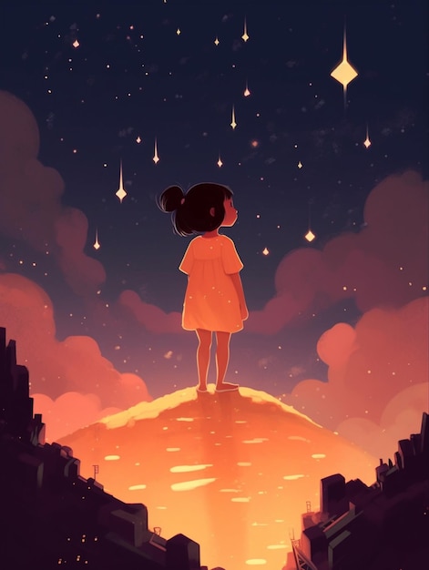 A cartoon of a girl standing on a hill looking at the stars.