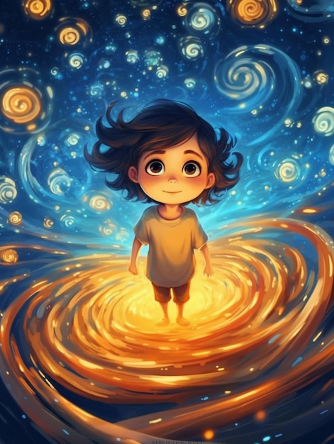 A cartoon girl standing in a spiral vortex surrounded by stars generative ai