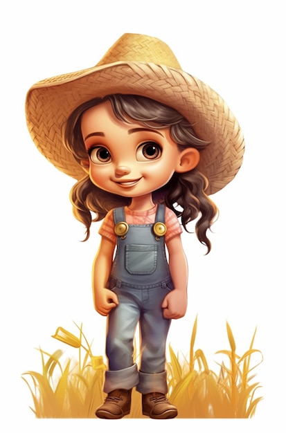 Cartoon girl in a straw hat and overalls standing in a field generative ai