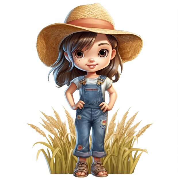 Photo cartoon girl in a straw hat standing in a field of wheat generative ai