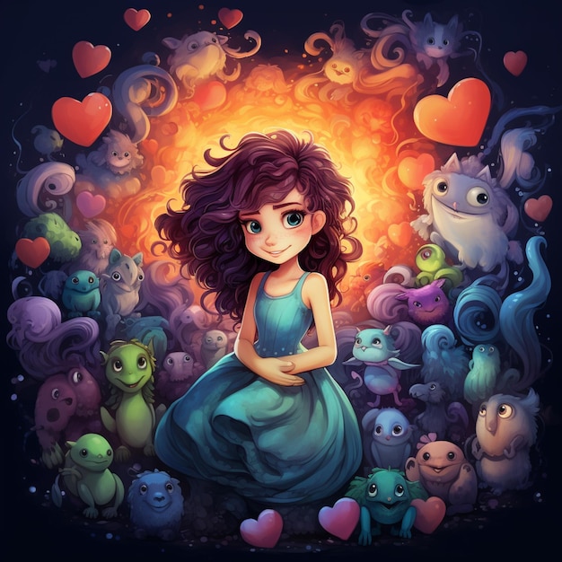 Cartoon girl surrounded by monsters and hearts generative ai