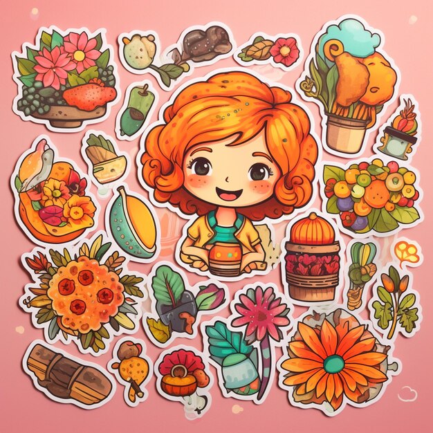Photo cartoon girl surrounded by stickers of various items and flowers generative ai