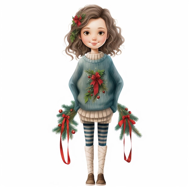 cartoon girl in a sweater and stockings with a wreath on her head generative ai