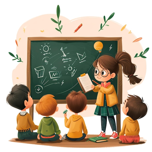 a cartoon girl A teacher guiding students with a chalkboard filled with inspiring educational