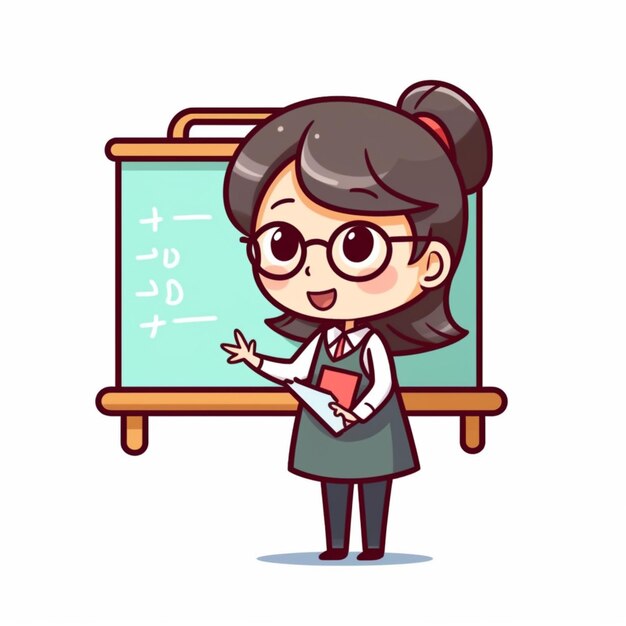 Photo cartoon girl teacher with blackboard and glasses generative ai