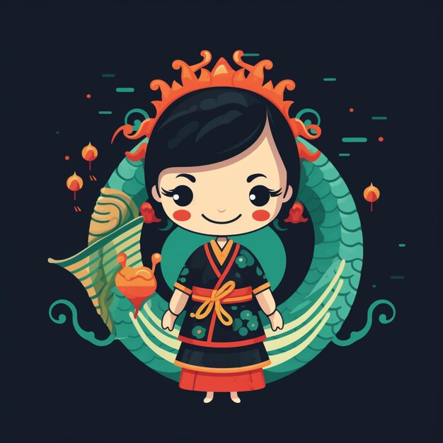 cartoon girl in traditional japanese dress holding a fish and a fan generative ai