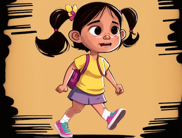 A cartoon of a girl walking down a street with a yellow shirt that says " i love you ".