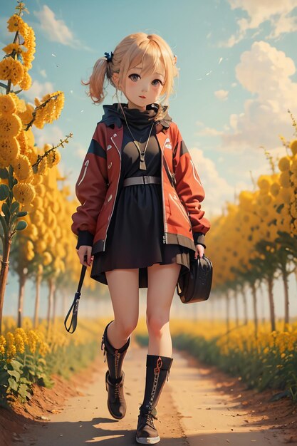 Cartoon girl walking and taking pictures in yellow chrysanthemum sunflower field path anime style