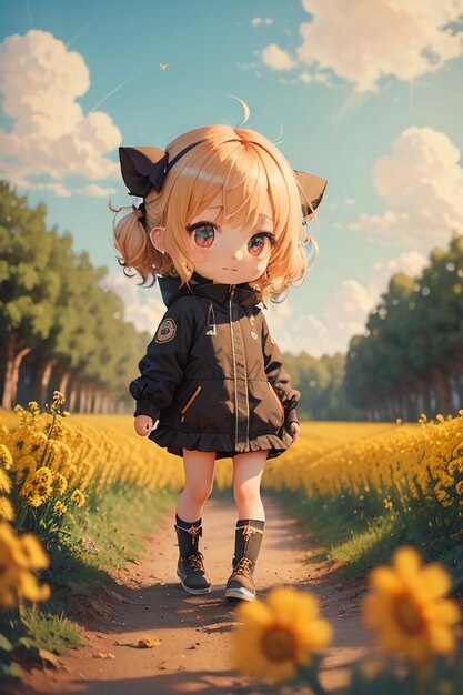 Cartoon girl walking and taking pictures in yellow chrysanthemum sunflower field path anime style