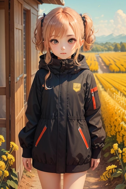 Cartoon girl walking and taking pictures in yellow chrysanthemum sunflower field path anime style