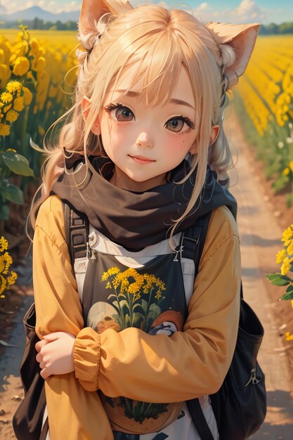 Photo cartoon girl walking and taking pictures in yellow chrysanthemum sunflower field path anime style