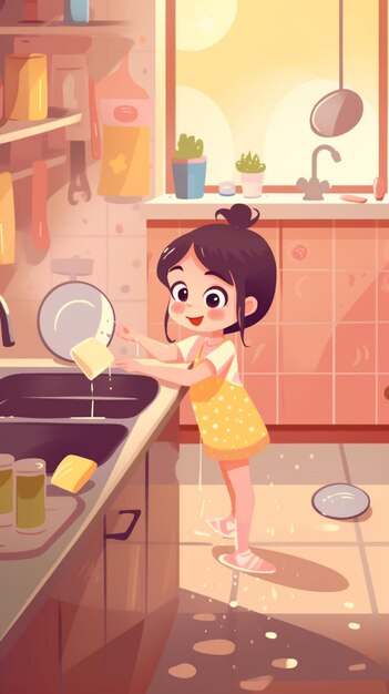 Photo cartoon girl washing dishes in the kitchen with a spatula generative ai