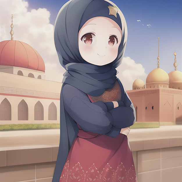 A cartoon of a girl wearing a hijab and a blue scarf