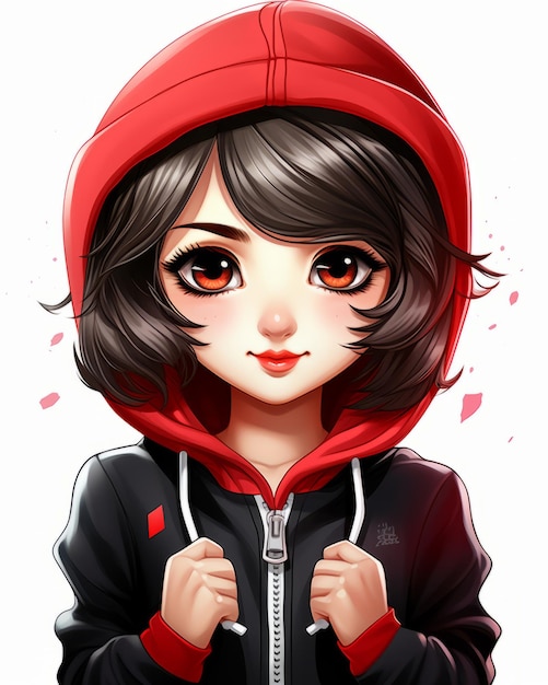 a cartoon girl wearing a red hoodie and black jacket