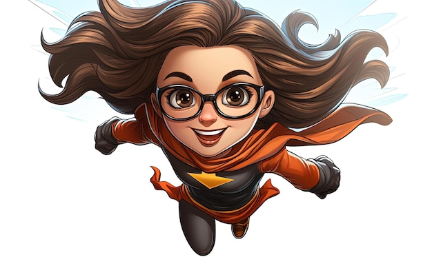 Photo cartoon girl wearing a superhero costume flying above a white background in the style of creative c