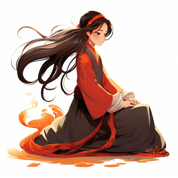 cartoon of a girl wearing traditional chinese clothing sitting facing sideways with long flowing hai