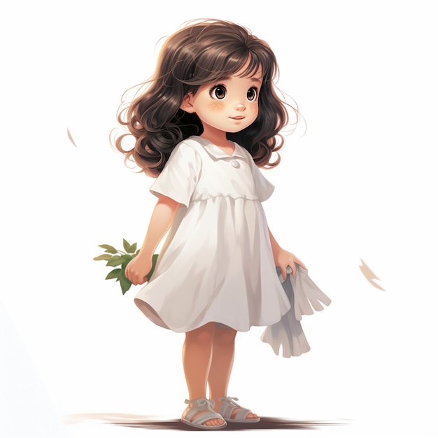 白いドレスを着た漫画の女の子が花と鳥を抱えています