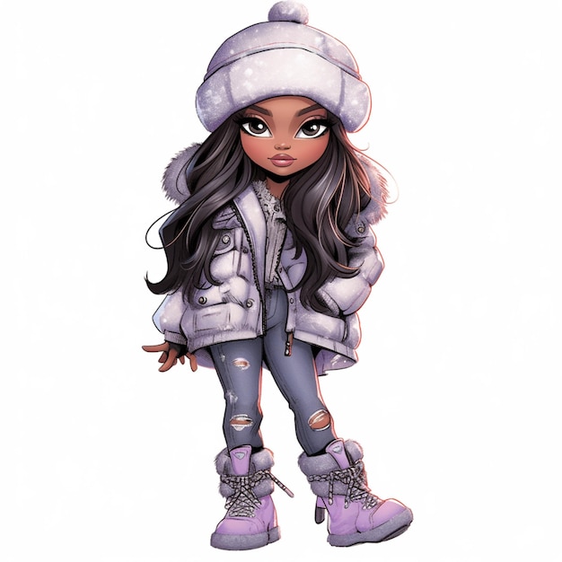 모자와 부츠를 입은 겨울 옷과 부츠를 착용한 만화 소녀