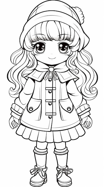 Photo a cartoon girl in winter clothes coloring pages generative ai