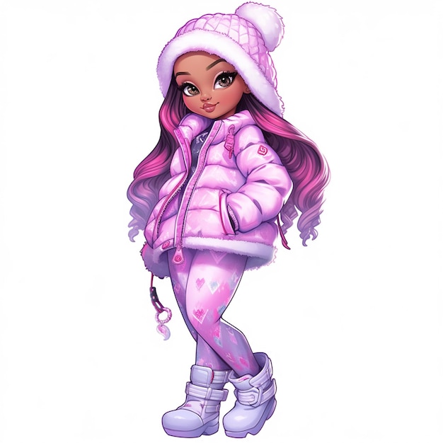 Cartoon girl in winter clothes and hat with pink hair generative ai