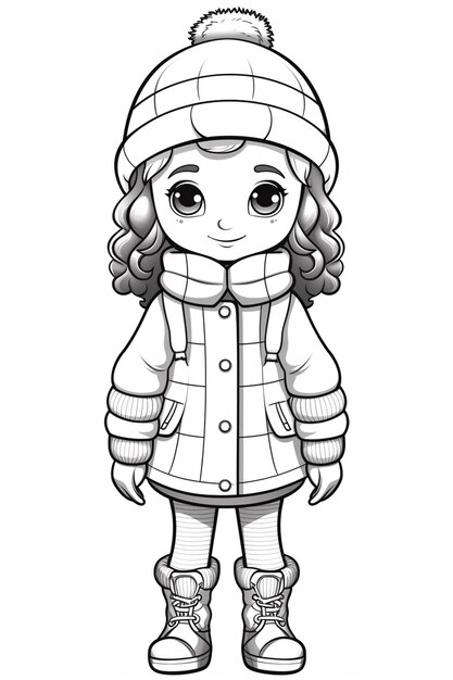 Foto una ragazza dei cartoni animati in abiti da inverno e un cappello con una sciarpa generativa ai