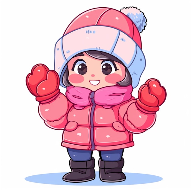 Foto ragazza dei cartoni animati in abiti d'inverno e guanti dando un pollice in su ai generativo