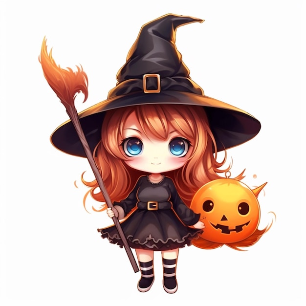 Cartoon girl in a witch costume holding a pumpkin and a broom generative ai