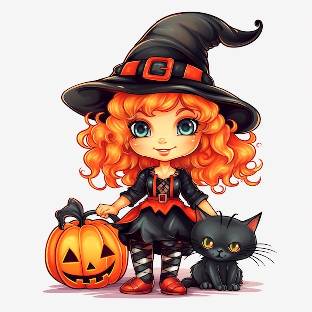 cartoon girl in a witch costume with a black cat and a pumpkin generative ai