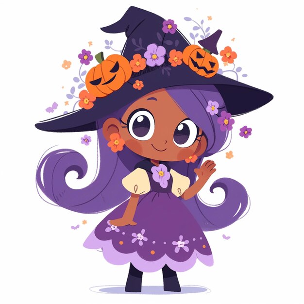 cartoon girl in a witch costume with flowers and pumpkins generative ai