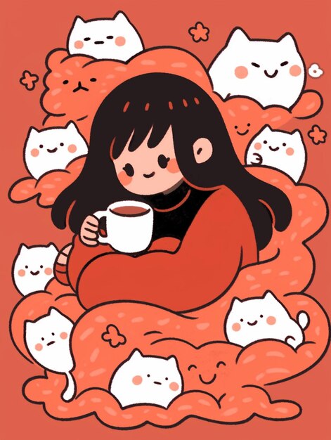 사진 고양이 생성 ai로 둘러싸인 커피 한 잔을 들고 있는 만화 소녀