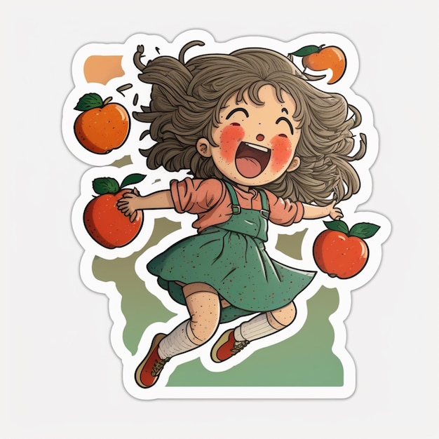 cartoon girl with apple and oranges flying in the air generative ai