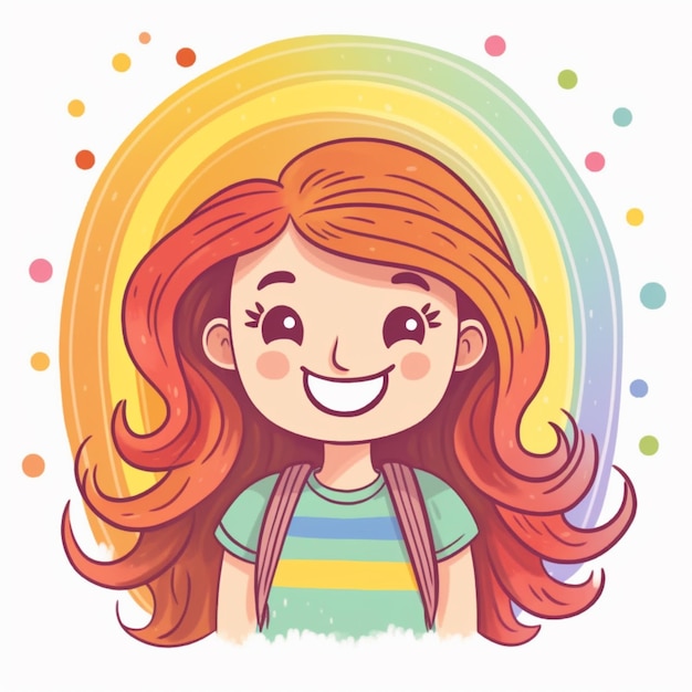 Photo cartoon girl with backpack and rainbow background generative ai