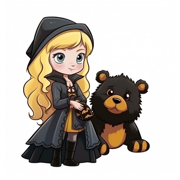 Cartoon girl with a bear and a hat generative ai