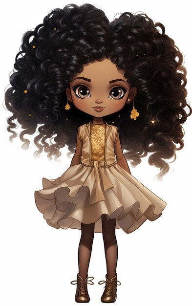 Photo cartoon girl with big curly hair wearing a dress and gold earrings generative ai