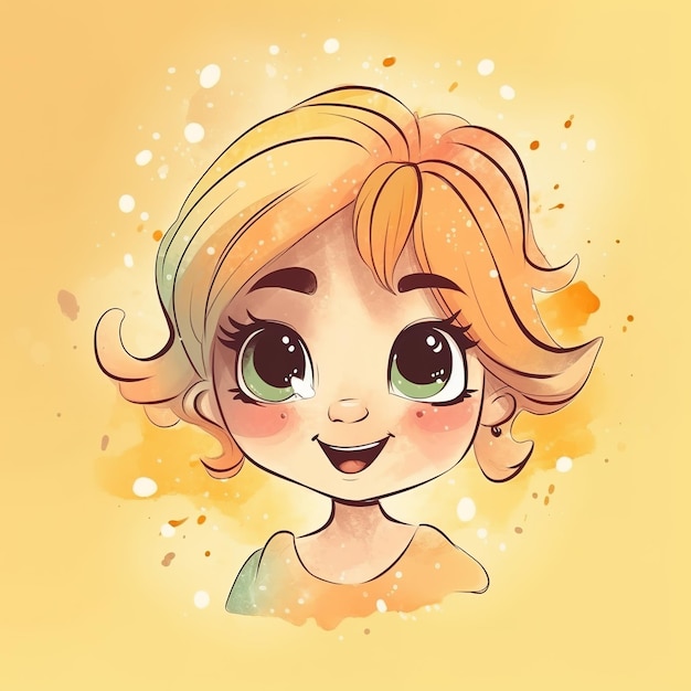 A cartoon of a girl with big eyes and a yellow background.