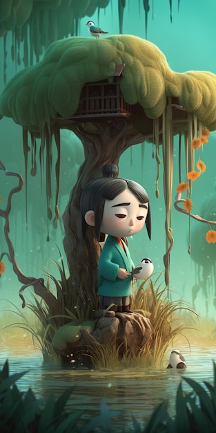 A cartoon of a girl with a bird on her head stands in front of a tree.
