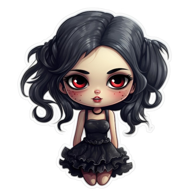 A cartoon girl with black hair and red eyes