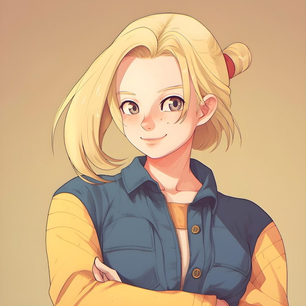 A cartoon girl with blonde hair and a blue vest and she is smiling