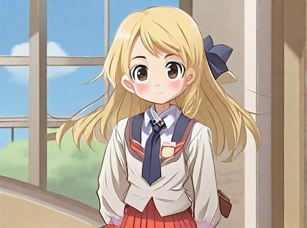 Cartoon girl with blonde hair in japanese school uniform