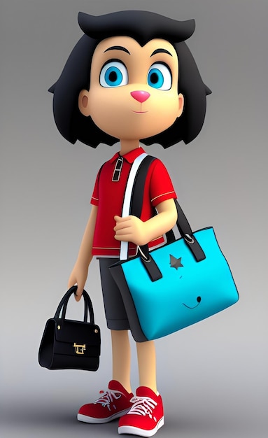 A cartoon girl with a blue bag and fashion bag generative ai