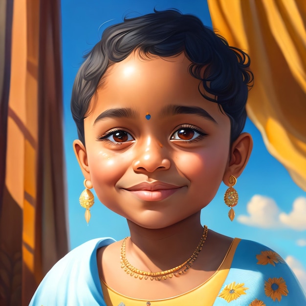 A cartoon of a girl with a blue dress and gold earrings.