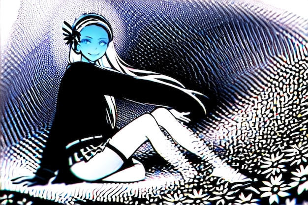 파란 눈과 검은색 스웨터를 입은 소녀의 만화.