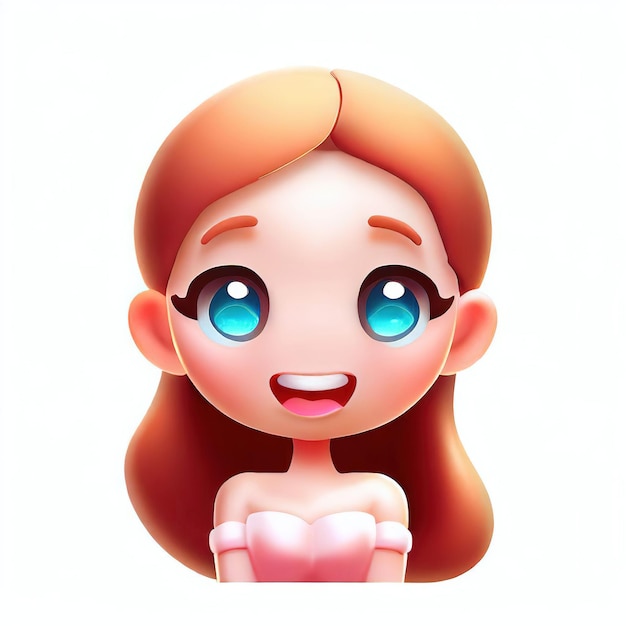 A cartoon girl with blue eyes and a pink dress with a big blue eyes.