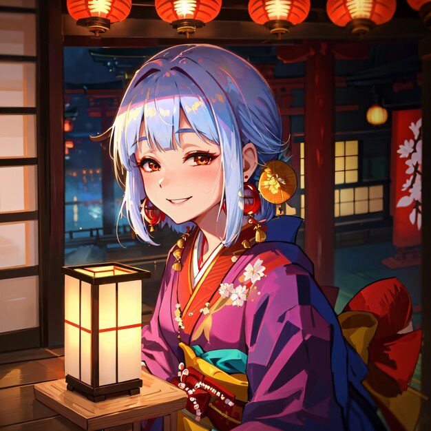 A cartoon girl with blue hair and a blue wig is standing in front of a lantern.